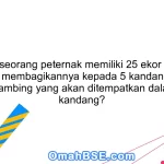 53. Jika seorang peternak memiliki 25 ekor kambing dan ingin membagikannya kepada 5 kandang, berapa banyak kambing yang akan ditempatkan dalam setiap kandang?