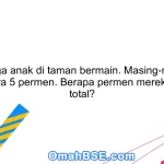 Ada tiga anak di taman bermain. Masing-masing membawa 5 permen. Berapa permen mereka secara total?