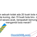 27. Dalam sebuah kotak ada 20 buah bola merah, 30 buah bola kuning, dan 15 buah bola biru. Jika bola diambil secara acak, berapakah kemungkinan mengambil bola merah?