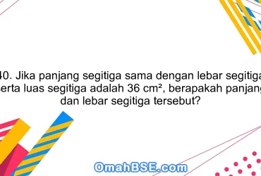 40. Jika panjang segitiga sama dengan lebar segitiga serta luas segitiga adalah 36 cm², berapakah panjang dan lebar segitiga tersebut?