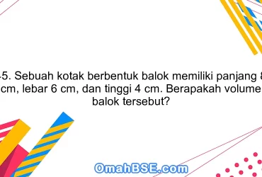 45. Sebuah kotak berbentuk balok memiliki panjang 8 cm, lebar 6 cm, dan tinggi 4 cm. Berapakah volume balok tersebut?